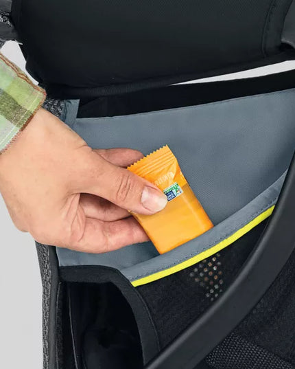 Hand reaching into a car seat pocket to retrieve an orange snack package.