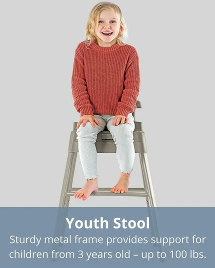 Child sitting on a youth stool with text about its features.