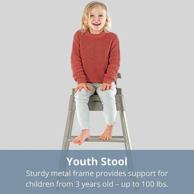 Child sitting on a youth stool with text about its features.