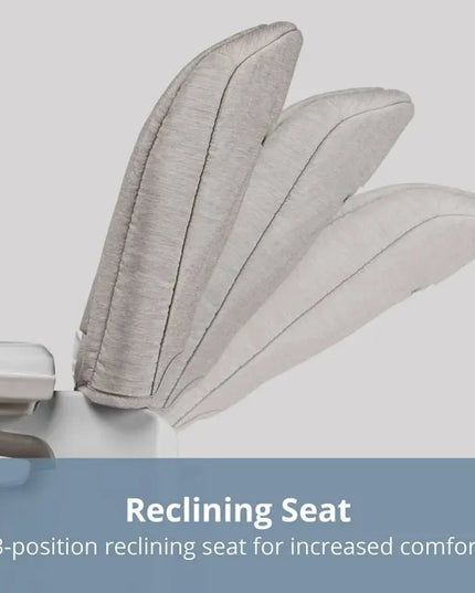 Gray reclining seat with text on a light gray background