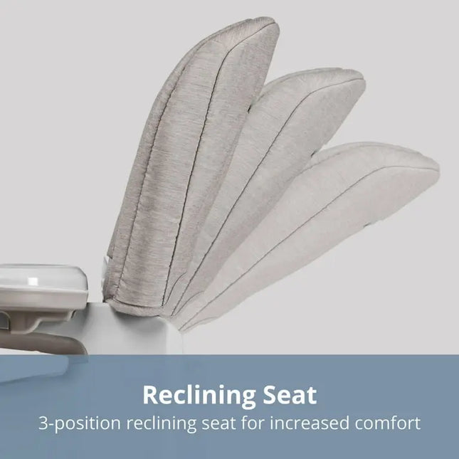 Gray reclining seat with text on a light gray background