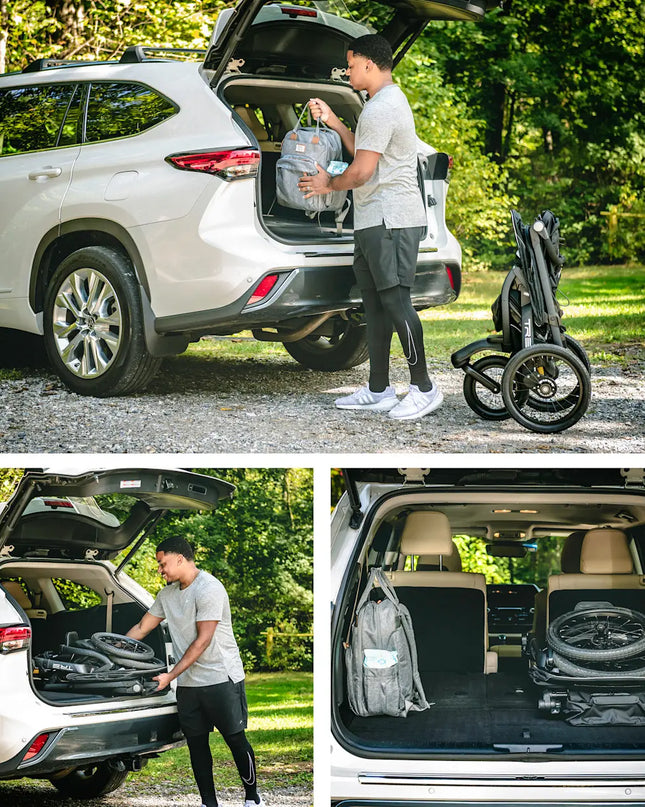 Person loading a stroller into an open car trunk with additional views of the car's interior.