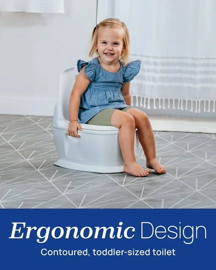Child sitting on a toddler-sized toilet with 'Ergonomic Design' text at the bottom.