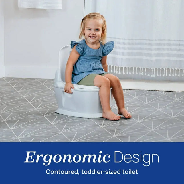 Child sitting on a toddler-sized toilet with 'Ergonomic Design' text at the bottom.