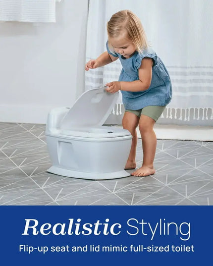 Child using a potty with a realistic styling feature in a bathroom.