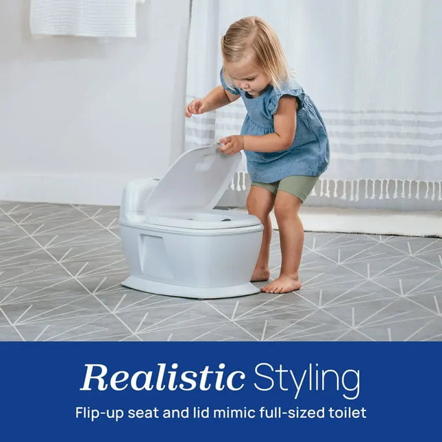 Child using a potty with a realistic styling feature in a bathroom.