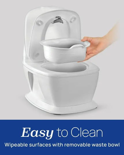 White toilet with a detachable waste bowl on a gray background, labeled 'Easy to Clean'.