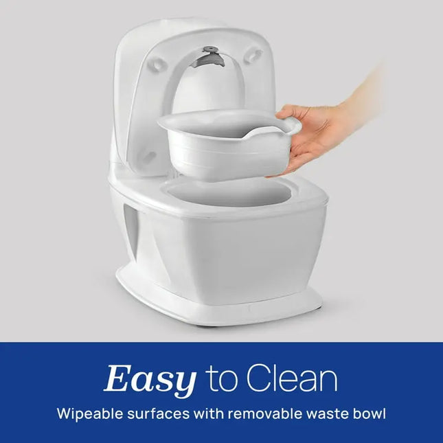 White toilet with a detachable waste bowl on a gray background, labeled 'Easy to Clean'.