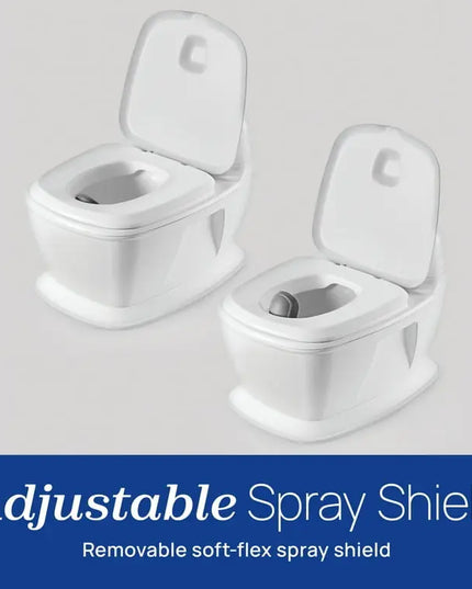 Two white toilets with adjustable spray shields on a gray background