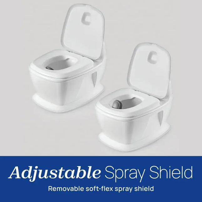 Two white toilets with adjustable spray shields on a gray background