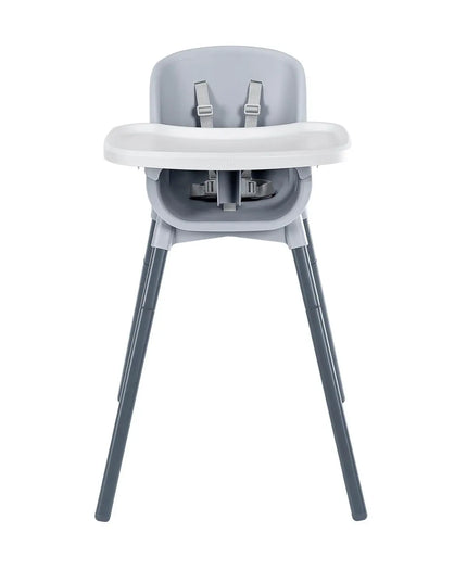 Gray high chair with a white tray on a white background