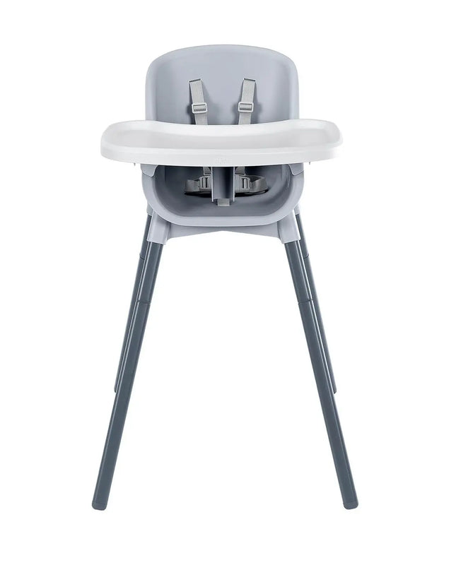 Gray high chair with a white tray on a white background