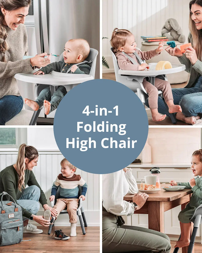 Collage of a 4-in-1 folding high chair being used by a family in various settings.