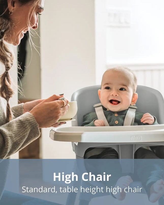 Baby in a high chair with a woman feeding them, with text 'High Chair Standard, table height high chair'.