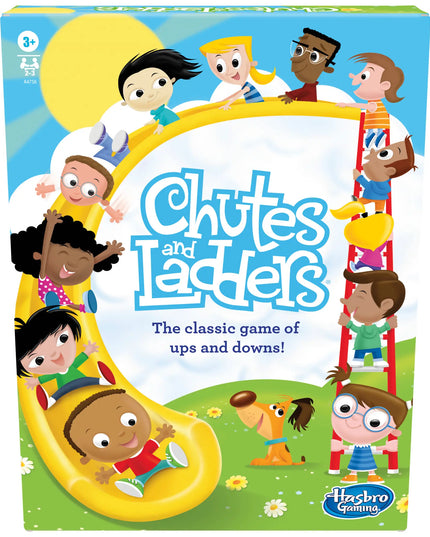 Chutes and Ladders game box with cartoon children on a blue sky background