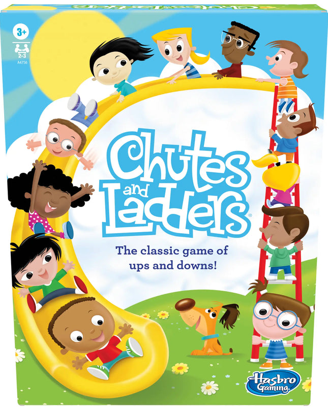 Chutes and Ladders game box with cartoon children on a blue sky background