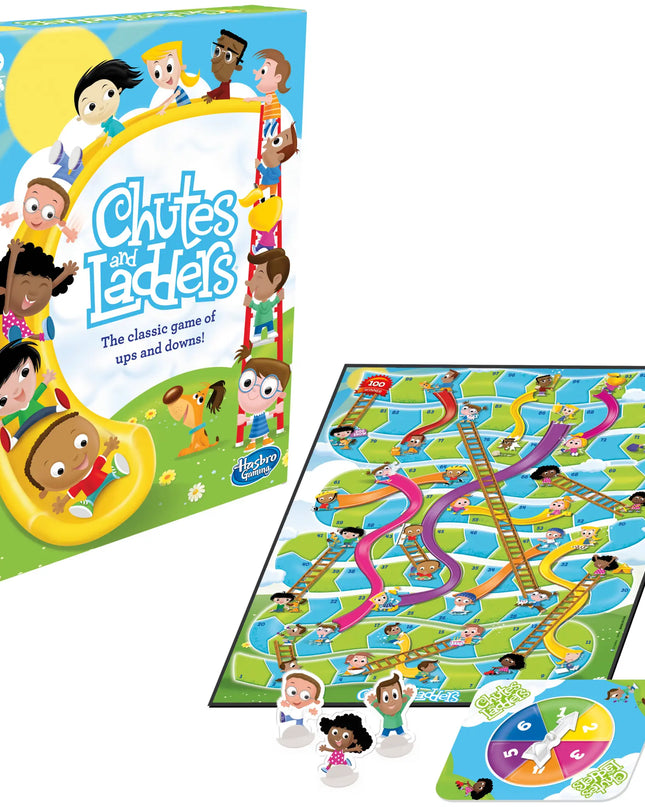 Chutes and Ladders game set with colorful board and packaging featuring children's faces.