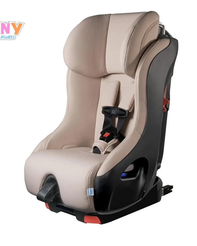 Beige and black car seat with 'Tiny Treasures' branding on a white background