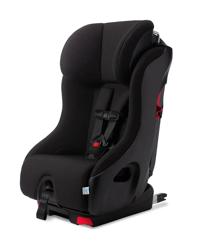 Black car seat with red accents on a white background