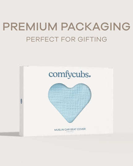 ComfyCubs muslin car seat cover packaging with heart design on a light gray background