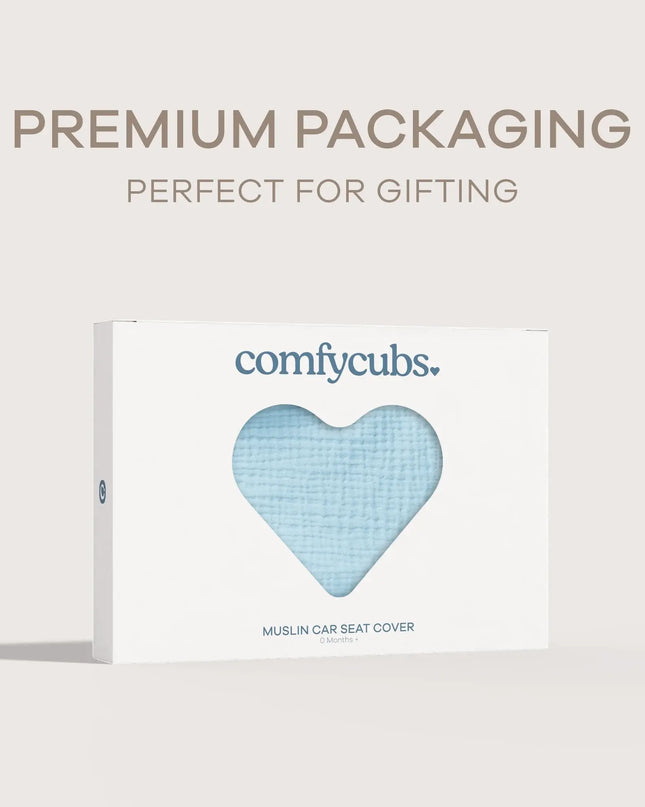 ComfyCubs muslin car seat cover packaging with heart design on a light gray background