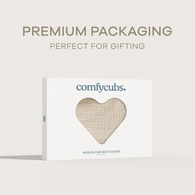 Heart-shaped muslin car seat cover packaging with 'comfcubs' branding on a light gray background.