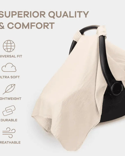 Beige baby carrier with black handle on a white background, featuring text about product qualities.