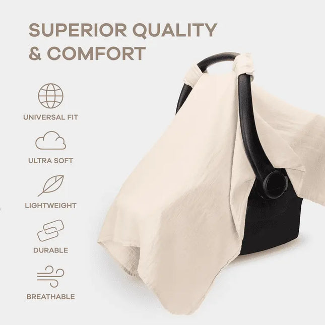 Beige baby carrier with black handle on a white background, featuring text about product qualities.