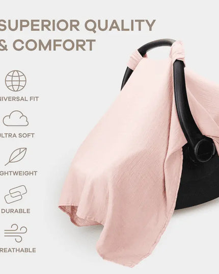 Black baby carrier with pink cover on a light gray background, featuring text about product qualities.