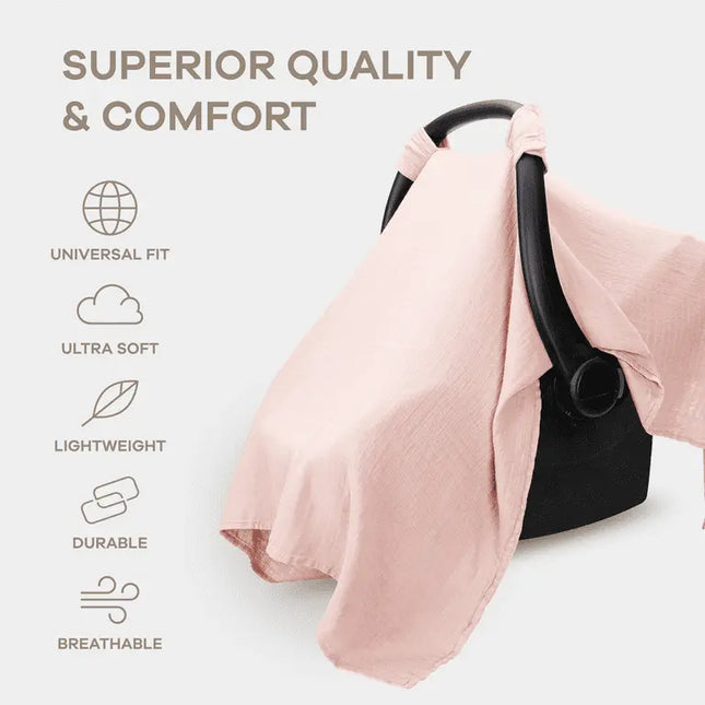 Black baby carrier with pink cover on a light gray background, featuring text about product qualities.