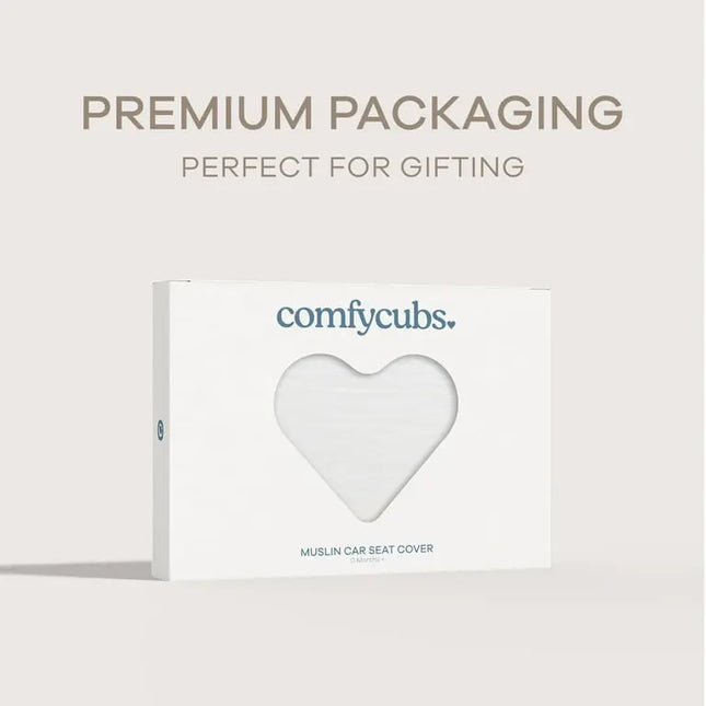 Heart-shaped muslin car seat cover packaging with 'comfcycubs' branding on a light gray background.