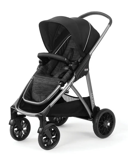 Black stroller with silver frame on a white background