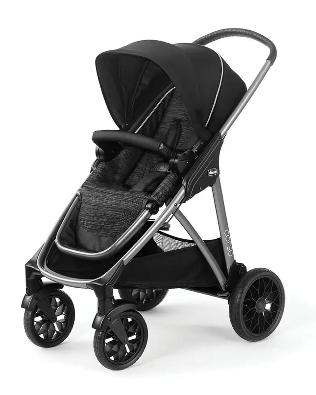 Black stroller with silver frame on a white background