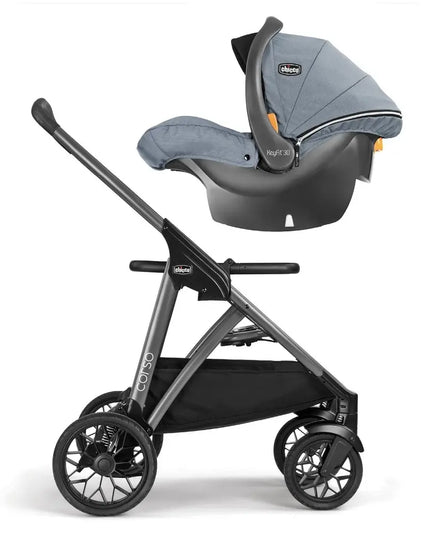 Stroller with car seat attachment on a white background
