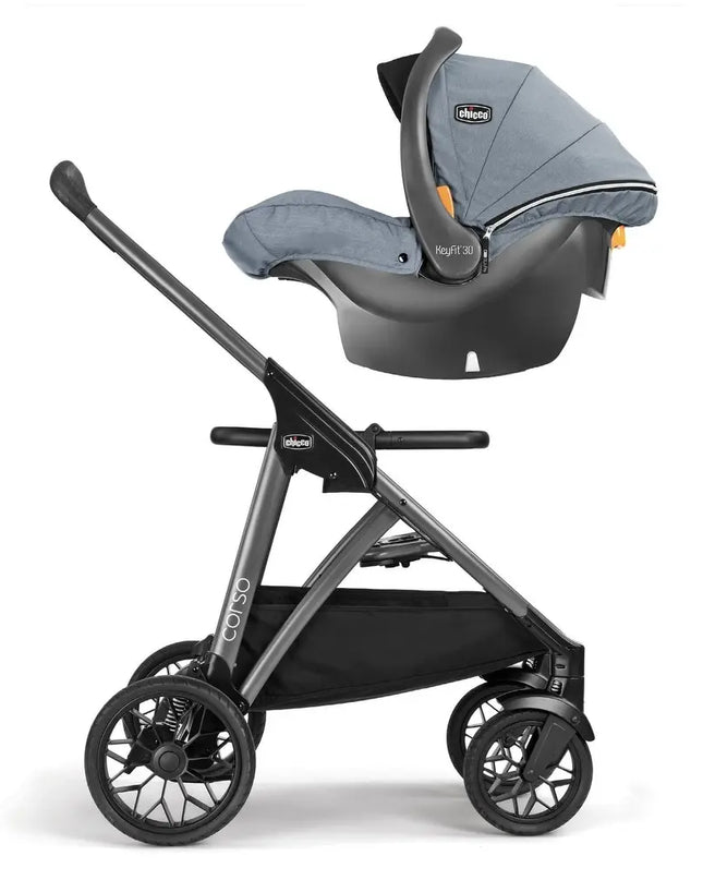 Stroller with car seat attachment on a white background