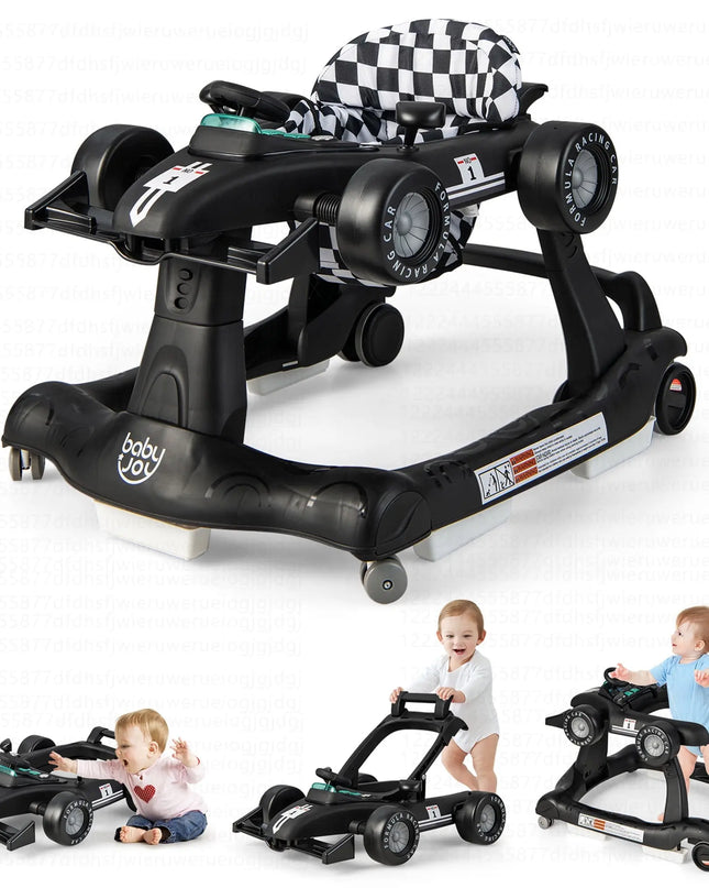 Baby walker with racing car design and checkered top, shown from multiple angles on a white background.