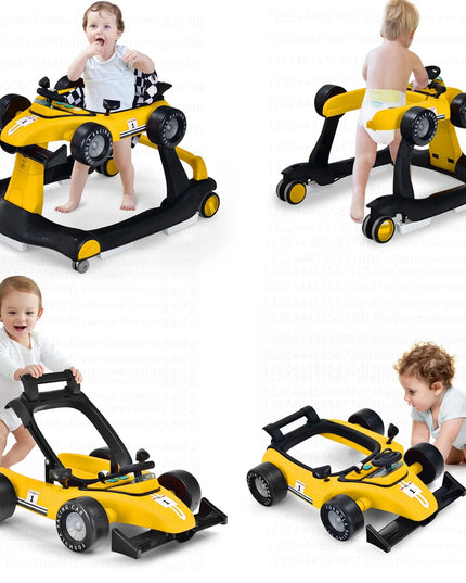 Yellow and black baby walker with children using it on a white background
