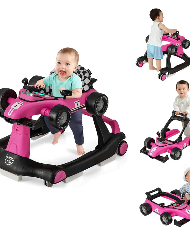 Pink and black baby walker with multiple views on a white background