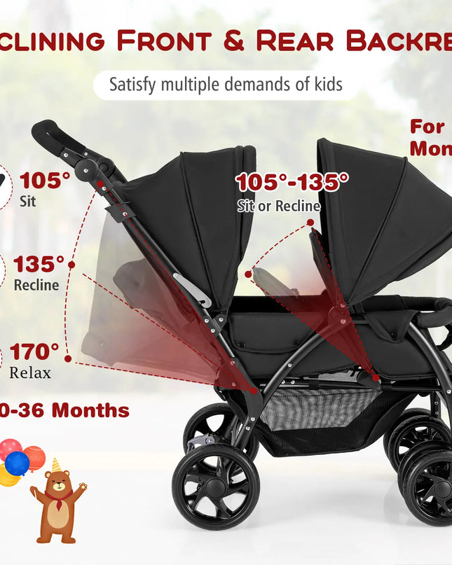Black stroller with reclining front and rear backrest features on a light background