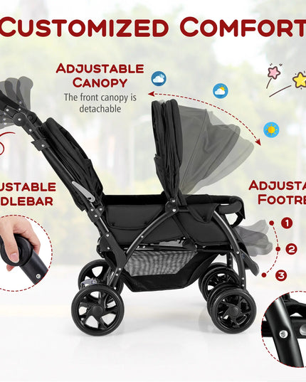 Black stroller with adjustable canopy, handlebar, and footrest on a white background
