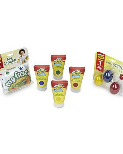 Crayola art supplies including tubes and packages on a white background