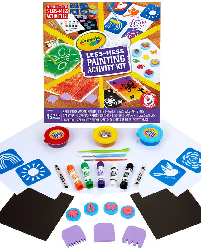 Crayola Less-Mess Painting Activity Kit with various art supplies on a white background