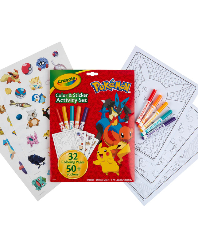 Crayola Pokemon color and sticker activity set with coloring pages and markers on a white background