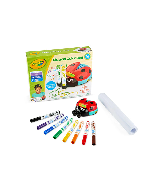 Crayola Musical Color Bug set with packaging, toy, markers, and paper on a white background