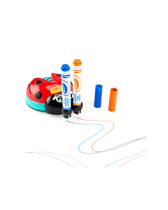 Toy car with markers and colored lines on a white background
