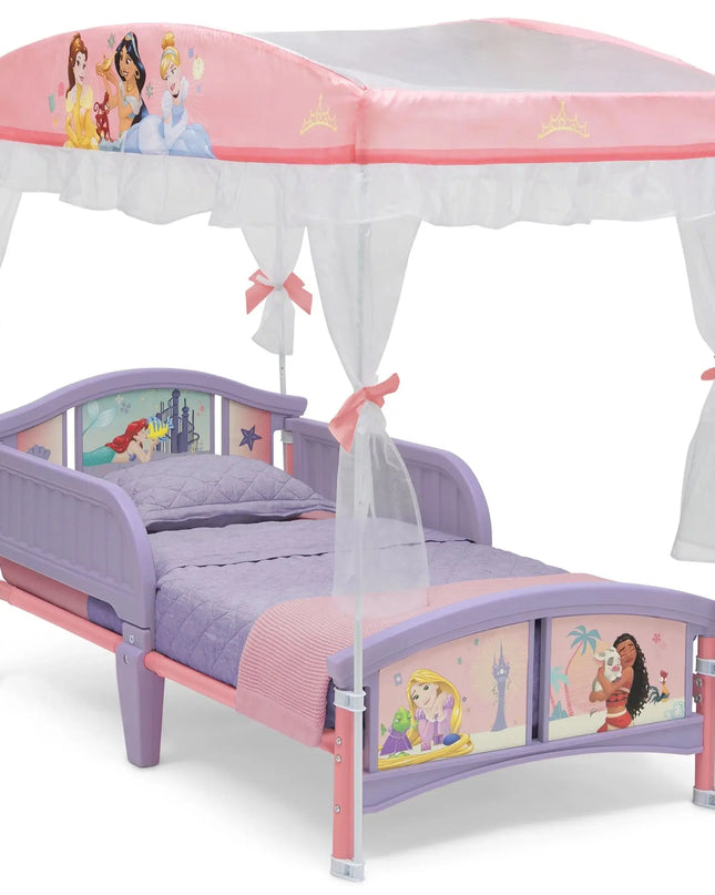 Children's bed with princess-themed canopy and bedding on a white background