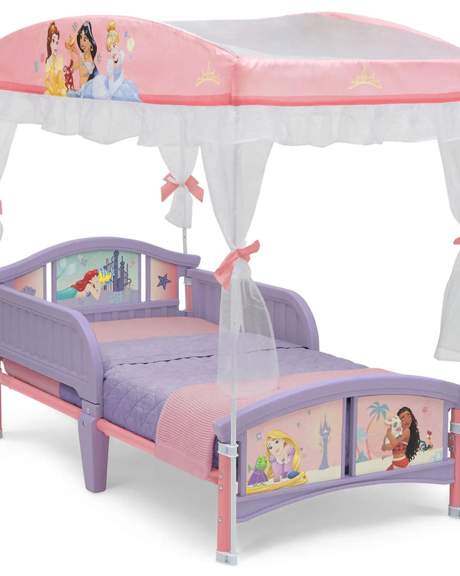 Children's bed with princess-themed canopy and bedding on a white background