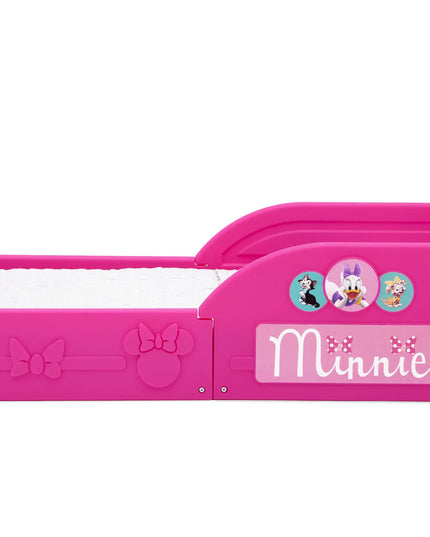 Pink Minnie Mouse-themed children's bed with cartoon characters on a white background