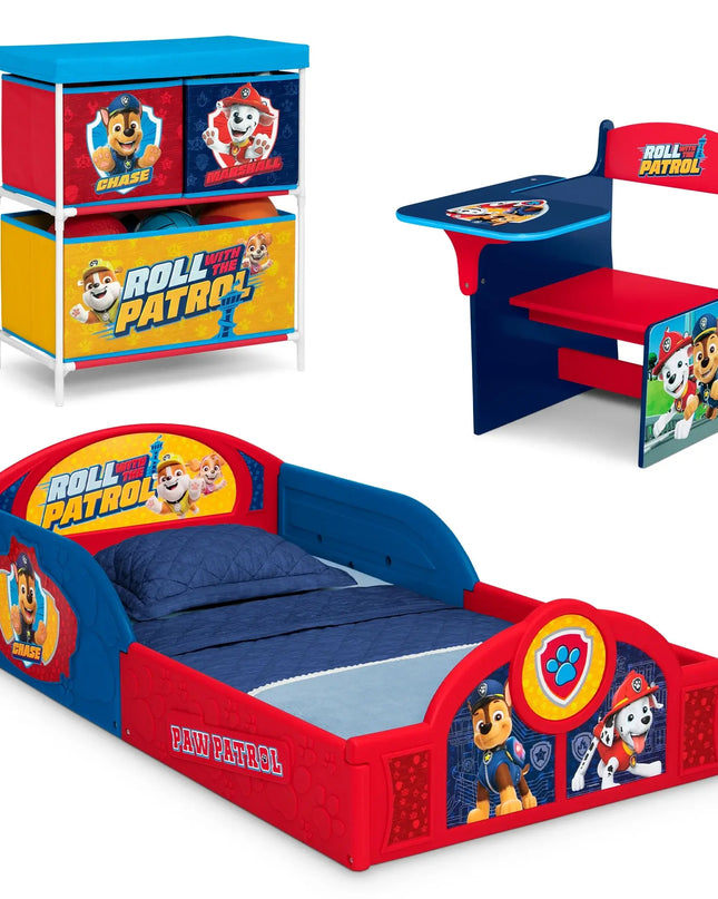 Paw Patrol-themed children's bedroom furniture set including bed, desk, and storage unit.