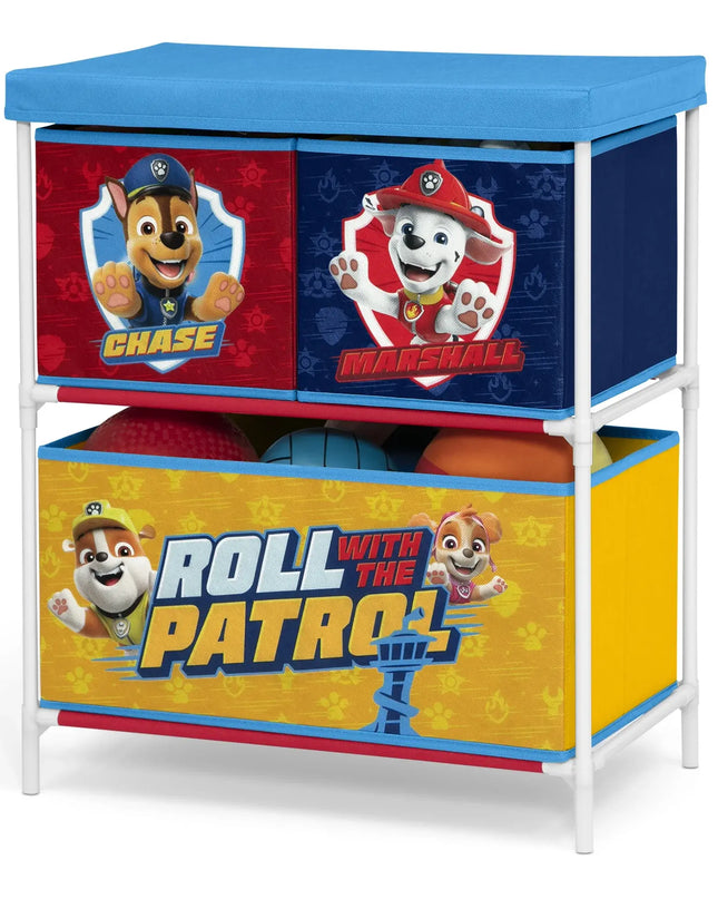 Children's storage unit with Paw Patrol design featuring Chase and Marshall on a white background.